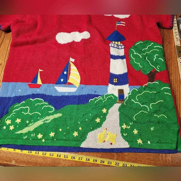 The Quaker Factory Plus Size 1X Red Sweater Light House Sail Boat Short Sleeve - Picture 7 of 7